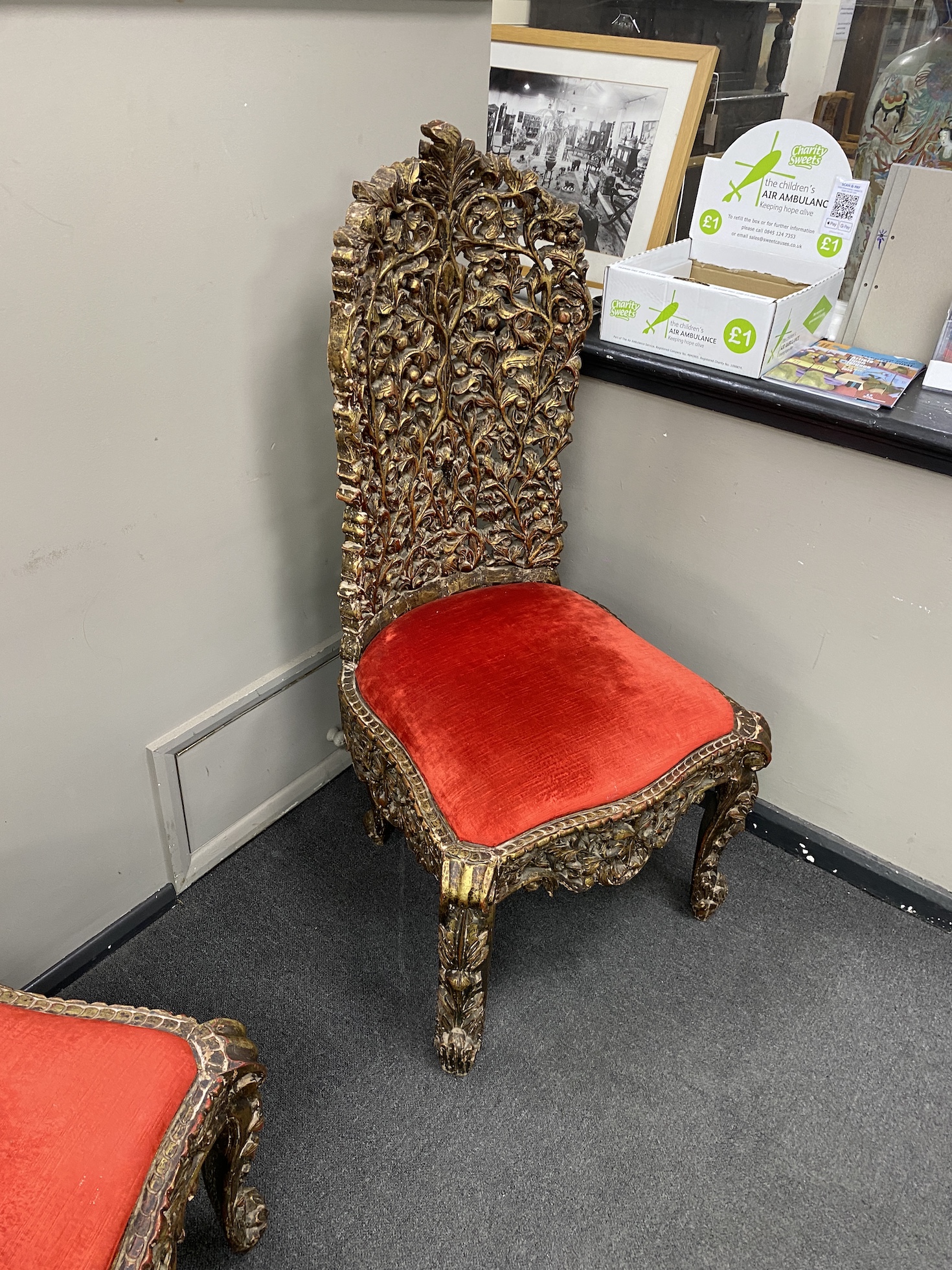 A pair of 19th century Anglo Indian carved high back chairs, width 52cm, height 123cm